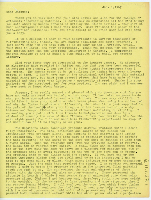 Letter discussing Tixier's progress in flintknapping and Crabtree's attempts with the Bruneau jasper. Crabtree discusses his problems flintknapping with the Caspienne blade technique. He is sending more flaking material.