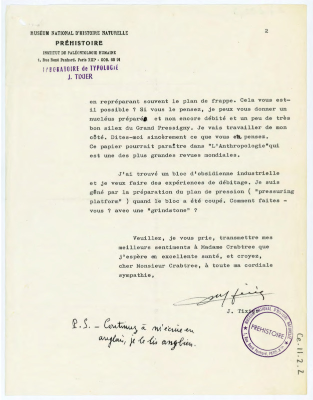 Second page of a letter discussing Tixier's research in flintknapping and attempts at pressure flaking. He asks some flintknapping questions and wishes good health to Evelyn Crabtree.