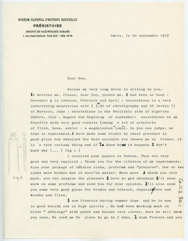 Letter discussing Crabtree's Tebiwa articles, Francois Bordes, and Tixier's recent flintknapping experimentations. He includes some questions for Crabtree.