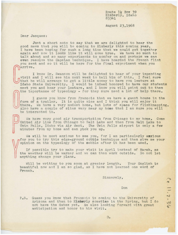 Letter discussing Tixier's upcoming visit to Idaho. Crabtree shares plans for flintknapping, where Tixier will stay, and plans with Idaho State University.