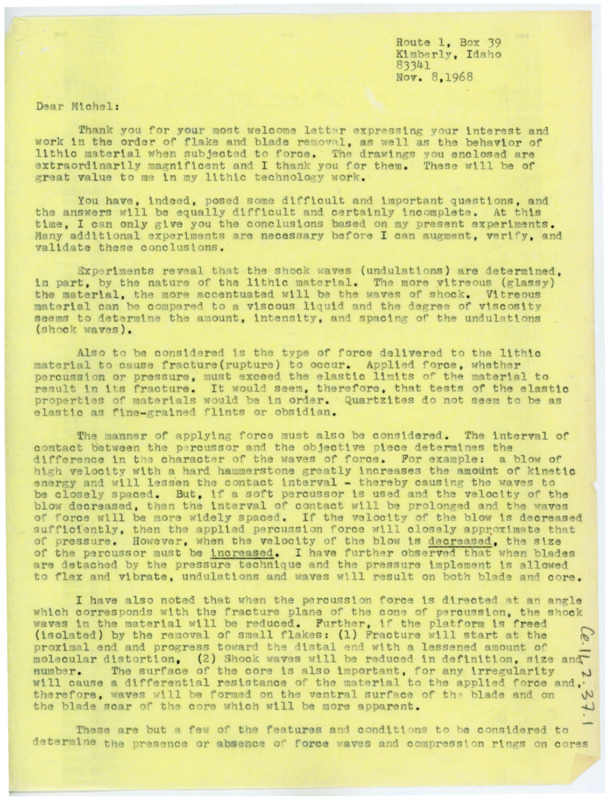 Letter answering Crabtree's questions about shock waves and why certain flintknapping fractures occur. Includes some flintknapping drawings.