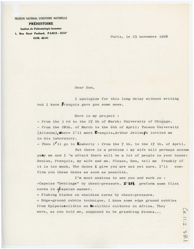 Letter discussing travel plans in the United States. Tixier lists what work he would like to see of Crabtree's. He discusses his current work and film.