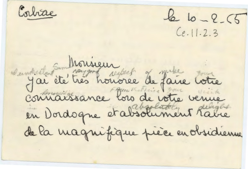 Postcard written in French presumably discussing Crabtree's visit to French archaeological sites.