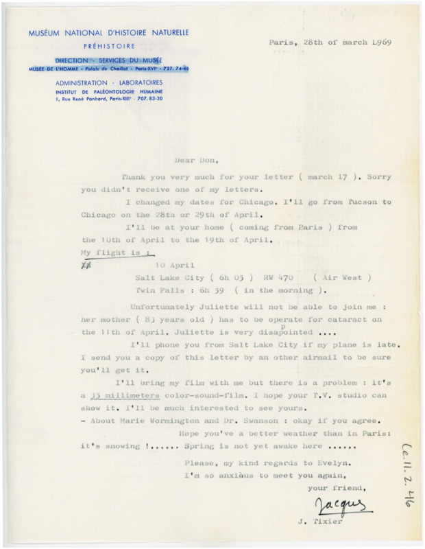 Letter informing Crabtree that Juliette will not be able to come to Idaho. He discusses his travel plans and and what they will work on.