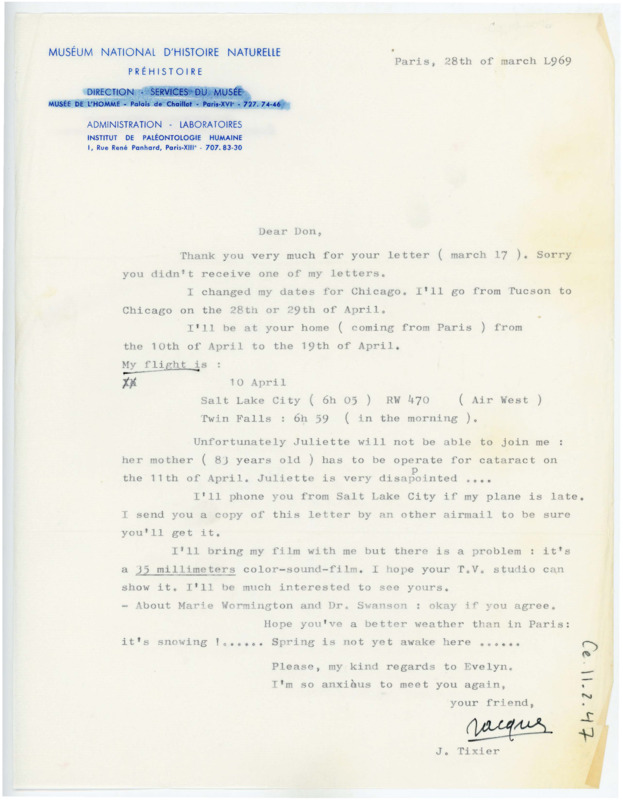 Duplicate of CE_B11_F2-Item47. Letter informing Crabtree that Juliette will not be able to come to Idaho. He discusses his travel plans and and what they will work on.