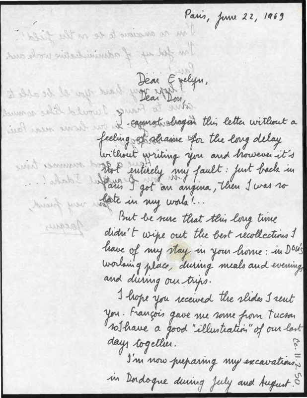 Letter discussing Tixier's visit to Crabtree in Idaho. He is now preparing for excavations in France.