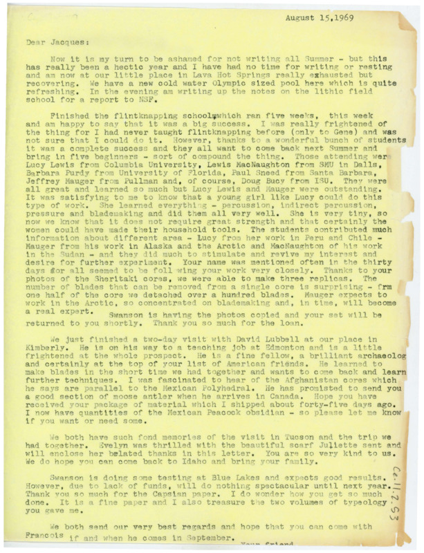 Letter discussing Crabtree's flintknapping school and the work of the students. He writes of his visit with David Lubbell. He thanks Jacques for the scarf and writes fondly of their recent visit.