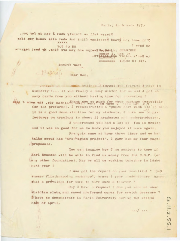 Difficult letter to decipher. Letter discusses his lectures and working on a grant proposal. Tixier requests some obsidian.