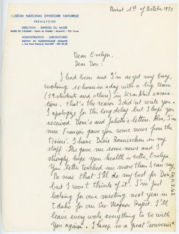 First page of CE_B11_F2-Item63. Letter wishing good health to Evelyn Crabtree. Tixier discusses his excavations and meeting in Idaho next year.