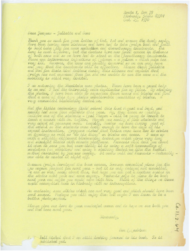 Letter discussing Evelyn's cancer. Crabtree discusses the photos Tixier sent, that he is working on a new technique in blademaking, and the cancellation of an upcoming project.