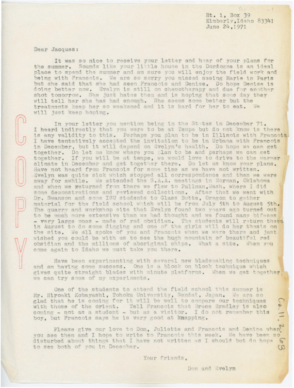 Letter discussing Evelyn's health and a potential trip for Tixier to Idaho. Crabtree suggested Tixier to replace him at a conference, and writes that he hasn't been doing much flintknapping.