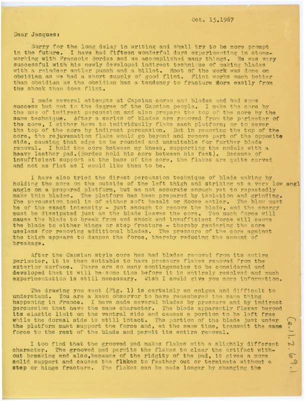 Letter discussing Crabtree's work with Francois Bordes and flintknapping practice with Capsian cores. He shares some of the problems he has had with the technique. Crabtree answers some of Tixier's flintknapping questions.