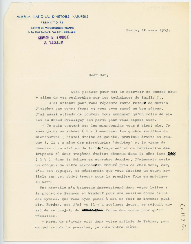 Letter discussing the microburins Tixier sent to Crabtree to analyze. He thanks Crabtree for quoting him in a Tebiwa article. Translated using a website.