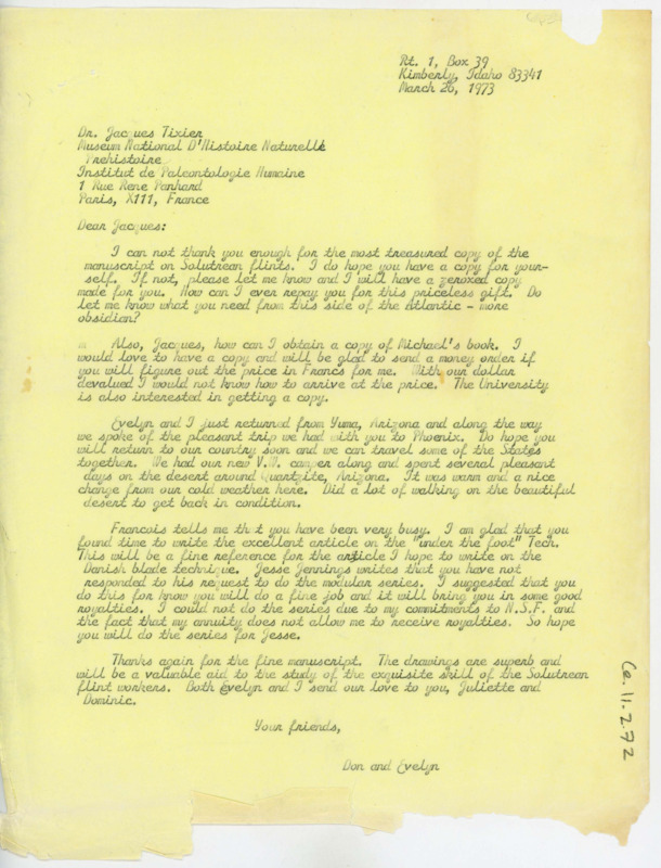 Letter thanking Tixier for sending his article and asking if he can get a copy of Michael's book. Crabtree discusses his trip to Arizona, and hopes Tixier will do the demonstrations for Jesse Jennings.