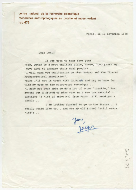 Letter from Jacques Tixier discussing Qatar, a publication, an incoming shipment to Crabtree of Japanese raw material. Tixier hopes to see Crabtree in the states.