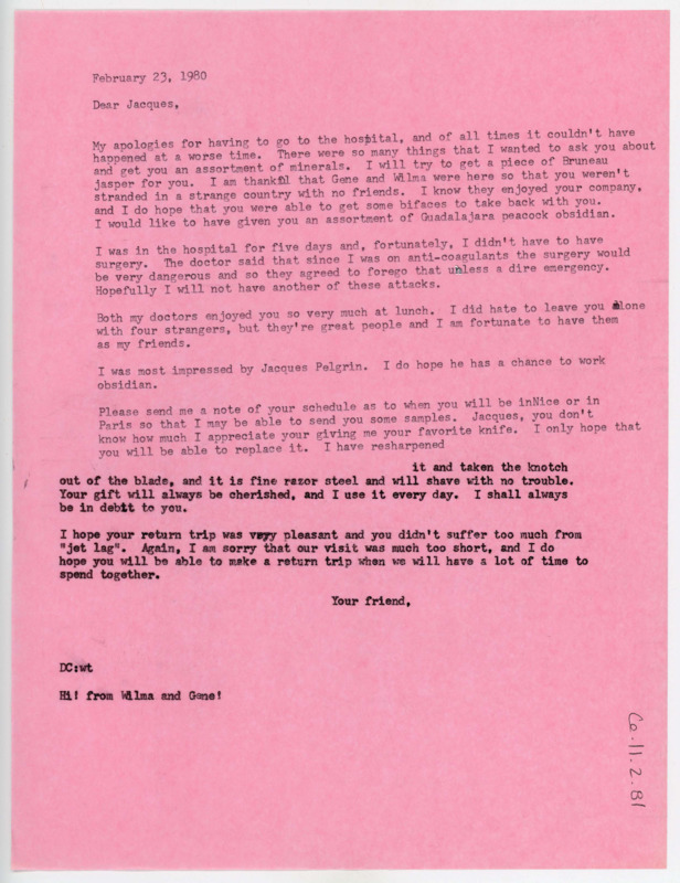 Letter apologizing for going to the hospital while Tixier came to visit. Crabtree thanks Tixier for the blade he gave him, and he will be sending obsidian.