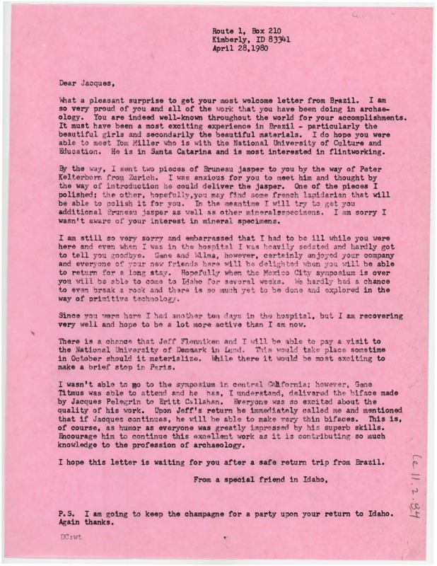 Letter discussing Tixier's trip to Brazil, and the jasper Crabtree sent. He apologizes for being in the hospital during Tixier's visit and he discusses the flintknapping done by a few different archaeologists.