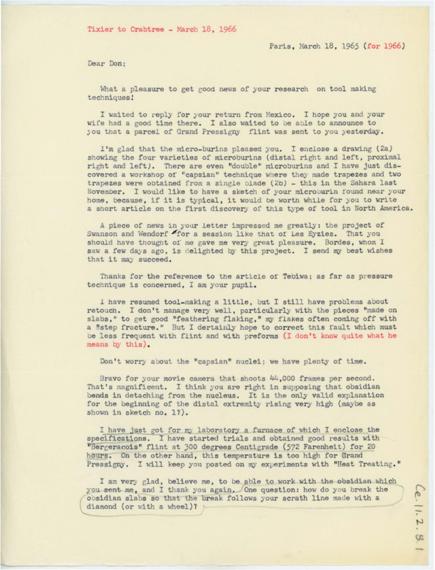 Letter discussing microburins Tixier sent. He discusses Crabtree current flintknapping project, his own tool making progress including his new furnace and analysis of techniques.