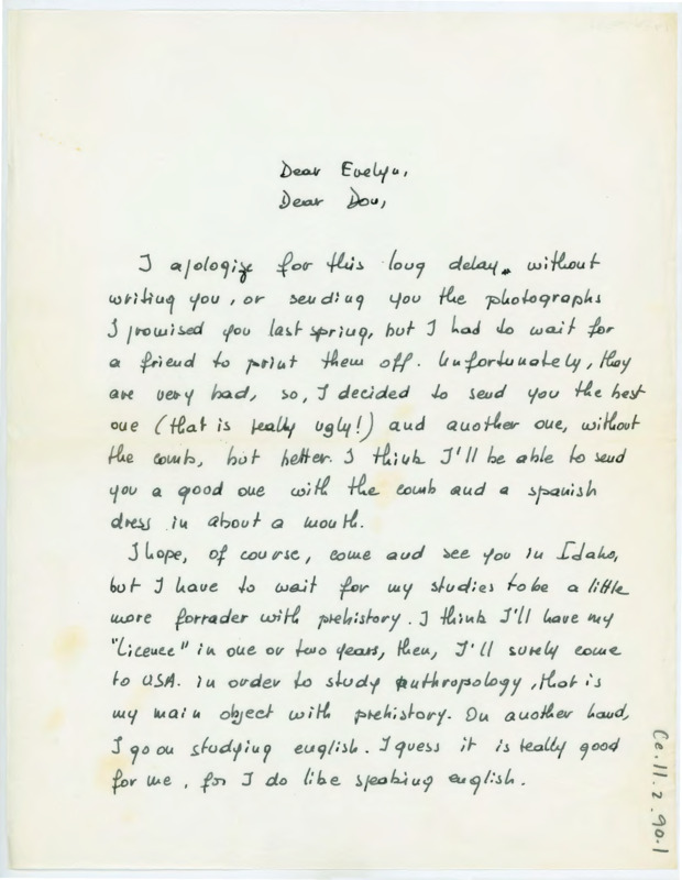 Letter informing the Crabtree's she is sending photographs. Dominique discusses her studies in anthropology and prehistory. She is hoping to visit Idaho eventually.