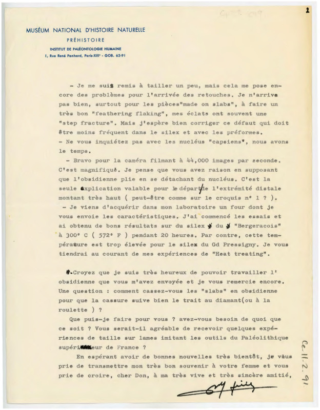 Letter discussing Tixier's attempts at thinning in flintknapping. He discusses his attempts with heat treatment and obsidian. He asks if there is anything he can do for Crabtree.