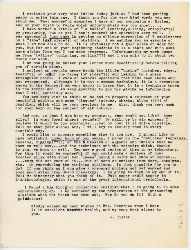 Letter discussing Tixier's flintknapping work and using the Sahara technique. Tixier proposes writing a paper on debitage with Crabtree.