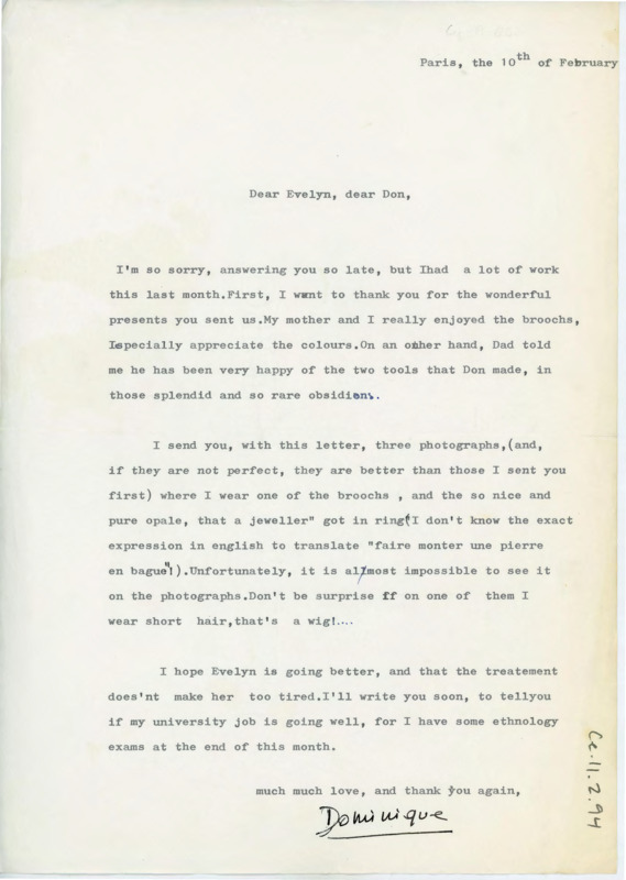 Letter thanking the Crabtree's for the gifts they sent. Dominique is sending photos of her wearing a brooch they gave her. She wishes good health to Evelyn.