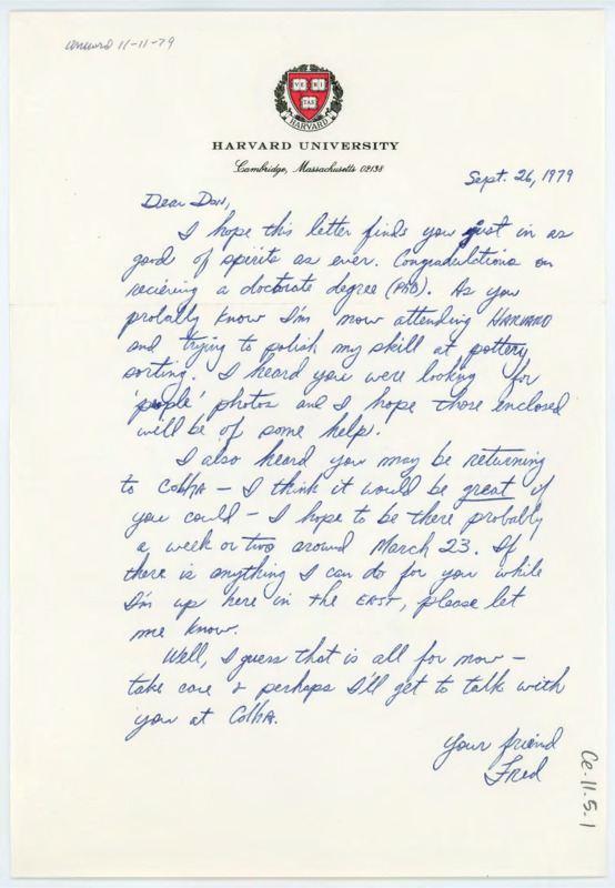 Letter congratulating Crabtree on receiving a doctorate degree. Fred hopes to see Crabtree soon if he visits and he sent some images that may be helpful to Crabtree.