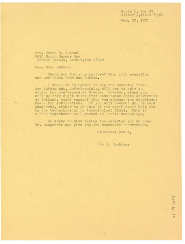 Letter informing Crabtree that she will not be attending the conference, but if Crabtree contacts Richard Daugherty for information about the material from New Guinea.