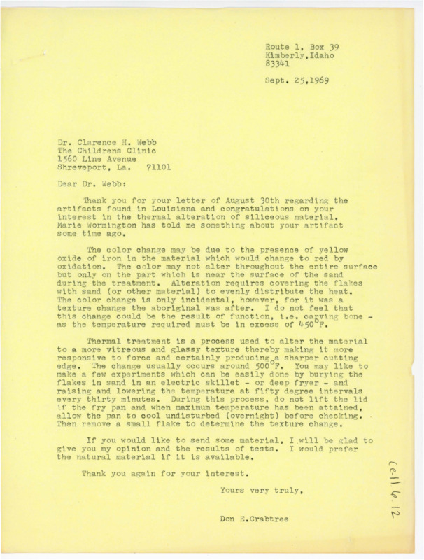 Letter discussing the artifacts from Louisiana and thermal treatment. He discusses causes of color change in the artifacts and how thermal treatment is used in siliceous material.