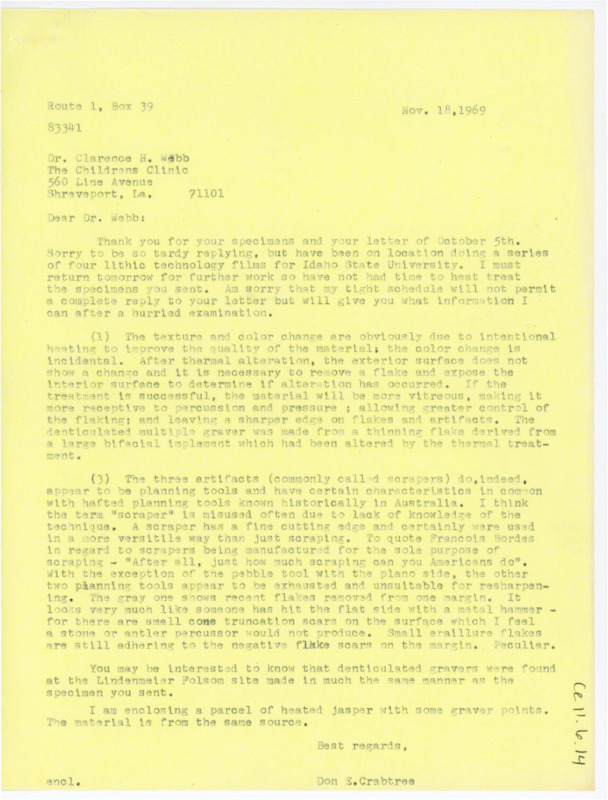 Letter sharing a quick analysis of materials Webb sent to Crabtree. He notes they have been heat treated, explains what that is and also notes that they are planning tools or scrapers.