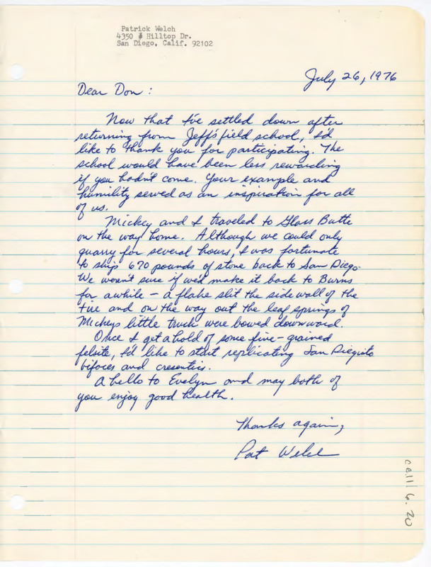 Letter thanking Crabtree for his participation in Jeff Flenniken's field school. He shares that he and his partner quarried at Glass Butte. He plans to do lots of flintknapping replication.