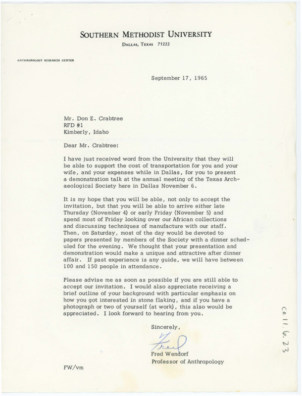 Letter informing Crabtree that his expenses will be paid for the Texas Archaeological Society conference. He details a proposed itinerary and hopes Crabtree will accept the invitation.