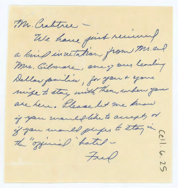 Note informing Crabtree that Mr. and Mrs. Gilmore invited the Crabtrees to stay with them in Texas. He asks if they are interested.