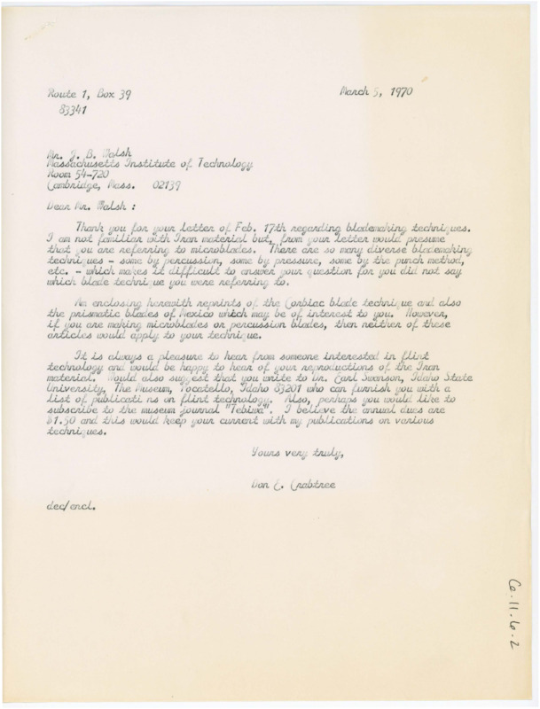 Letter discussing microblade techniques and giving some article suggestions and direction to Idaho State University for further information.