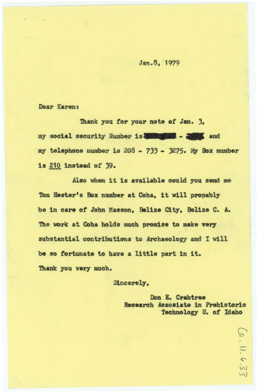 Letter giving Crabtree's social security number. Crabtree asks if West could send Tom Hester's box number.