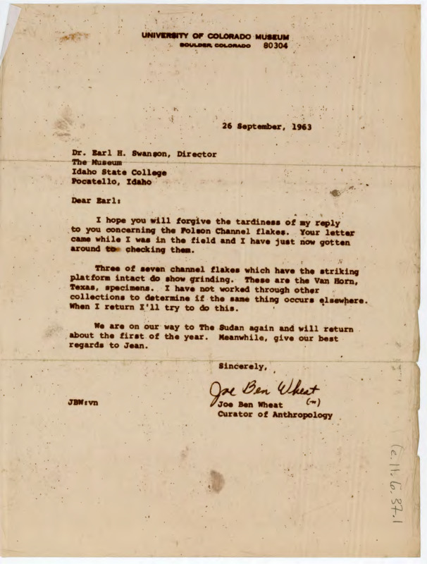 Letter discussing channel flakes in flintknapping. Includes a detailed letter of what Joe Ben Wheat did over the last year. Includes drawing.