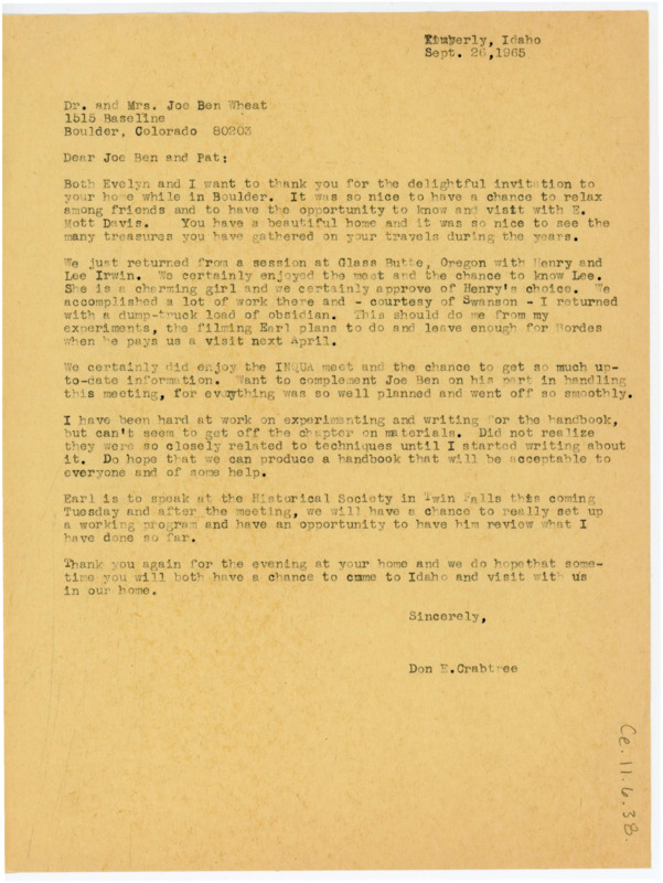 Letter thanking the Wheats for having them visit in Colorado. He discusses his work in Oregon, conferences, and other experimentation work.