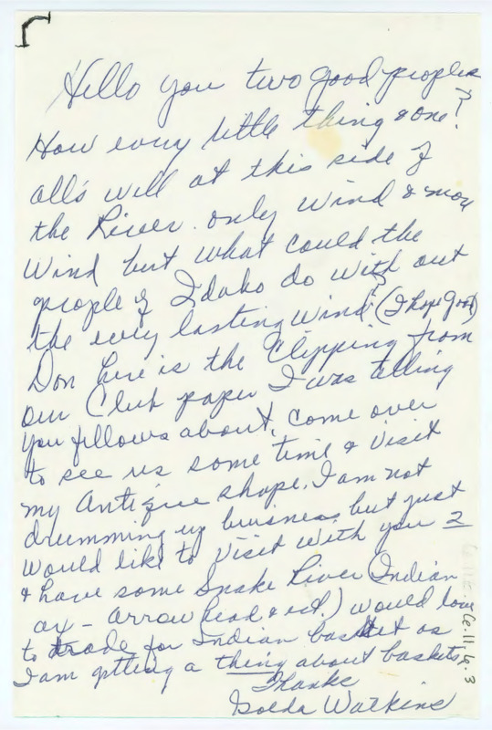 Note asking how the Crabtrees are doing. Watkins shares she is doing well. She writes that she included a clipping from her club paper. She invites them to come over and visit. Assuming she is a neighbor.