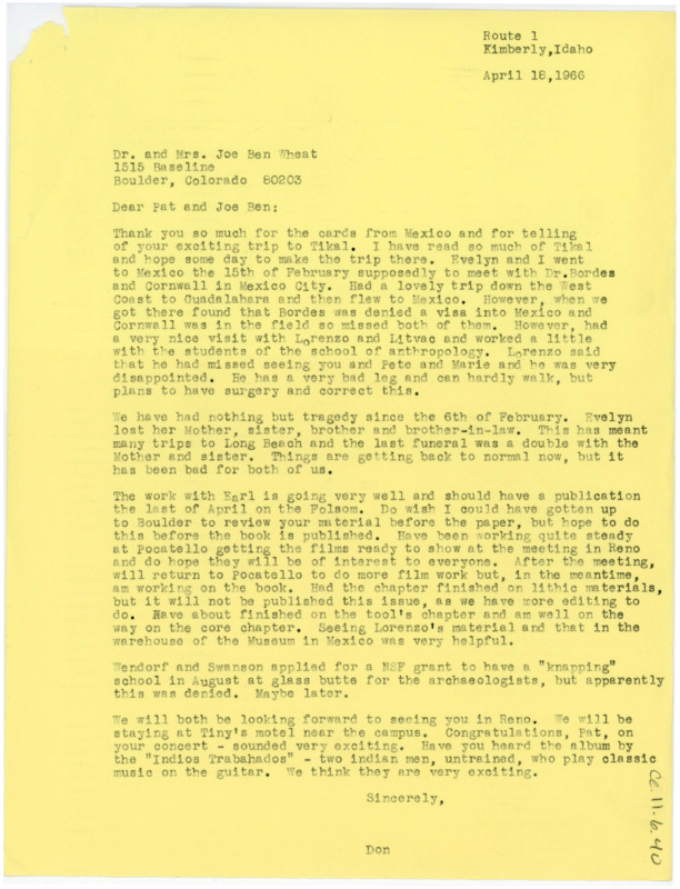 Letter discussing the Crabtree's trip to Mexico and recent tragedy. Crabtree discusses his work writing lithic papers and flintknapping.