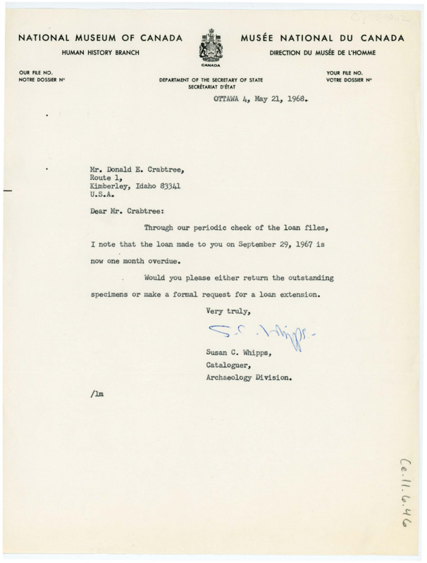 Letter informing Crabtree that his loan of specimens is overdue.