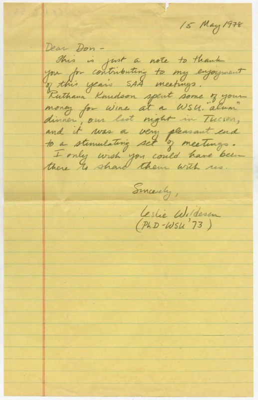 Letter from Leslie Wildesen thanking Crabtree for his work at the SAA. Ruthann Knudson bought some wine for her in honor of Crabtree, and they wishes Crabtree was there.