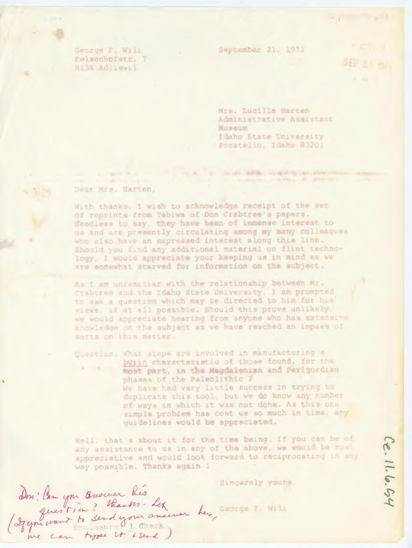 Letter sent to Crabtree as a copy including a question about flintknapping. Will discusses Crabtree's articles.