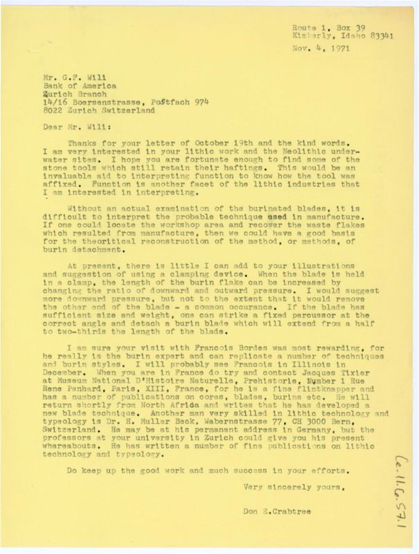 Letter answering Wili's question on burins and clamping devices. Crabtree suggests some different lithic technology experts he could contact.