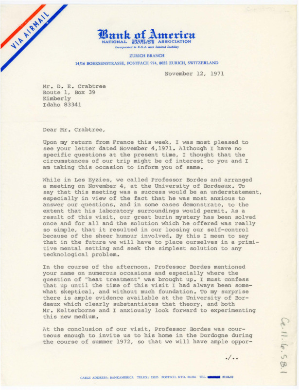 Letter sharing the events of Wili's visit to France to work with Francois Bordes. Wili discusses the lithic artifacts they found in the Swiss lake sites.