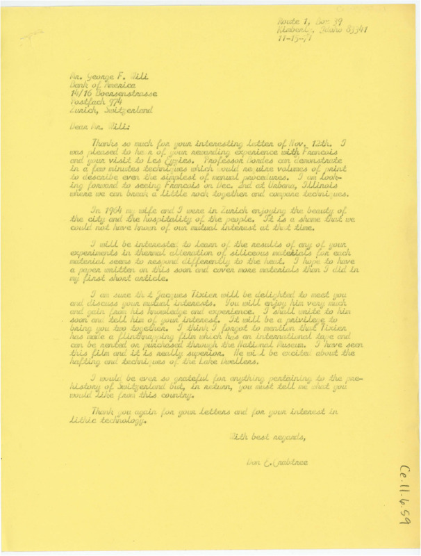 Letter discussing Wili's visit with Bordes and an upcoming visit with Tixier. Crabtree shares that he visited Zurich some time ago.