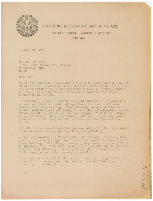 First page of CE_B11_F6-Item61 planning the exhibit of stone tool technology at the Manitoba Museum. They ask for Crabtree's input and help.