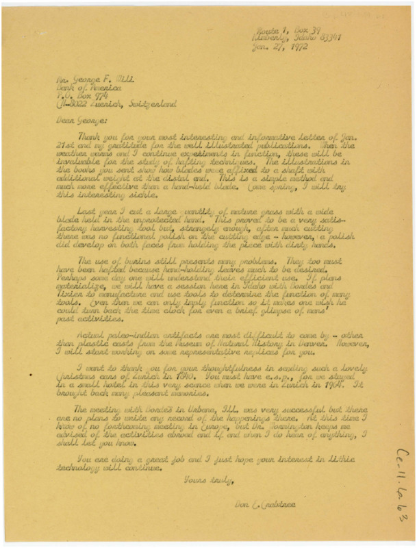 Letter discussing Crabtree's flintknapping work, upcoming flintknapping workshops, and problems burins.