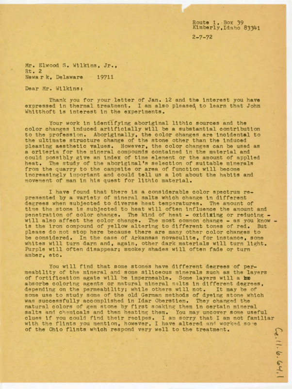 Letter discussing lithic heat treatment and the color spectrum that results in artifacts. Crabtree talks about his heat treatment tests and tips for experimentation.