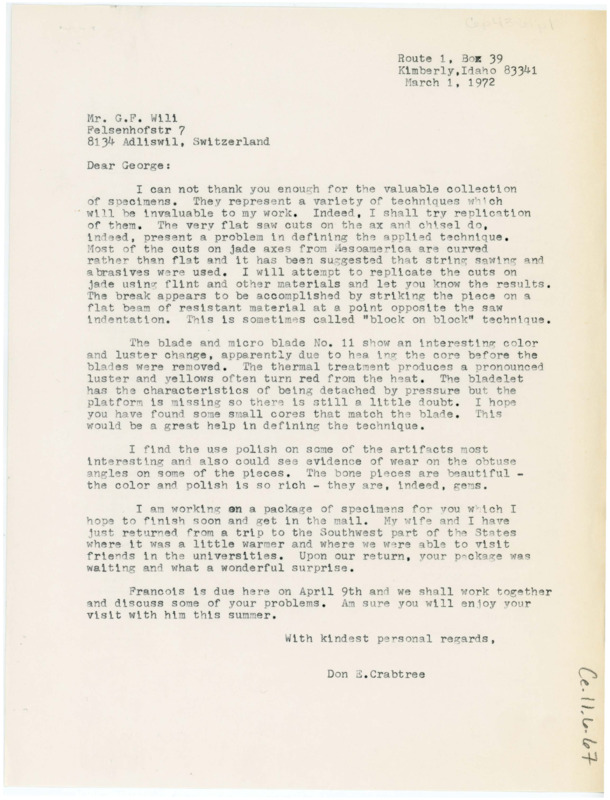 Letter analyzing the artifacts Wili sent and discussing the techniques involved in making them. Crabtree discusses the package he is sending to Wili.