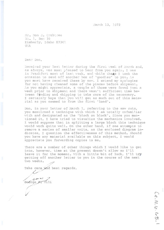 Letter discussing the artifacts Wili sent to Crabtree and the block on block technique of flintknapping. Includes a flintknapping drawing.